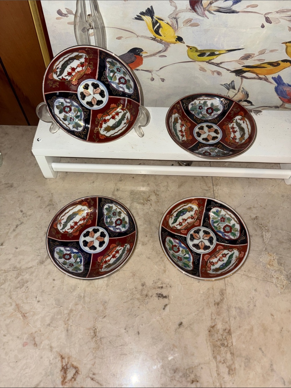 Decorative Vintage-Style Red Floral Accent Plates - Set of 4